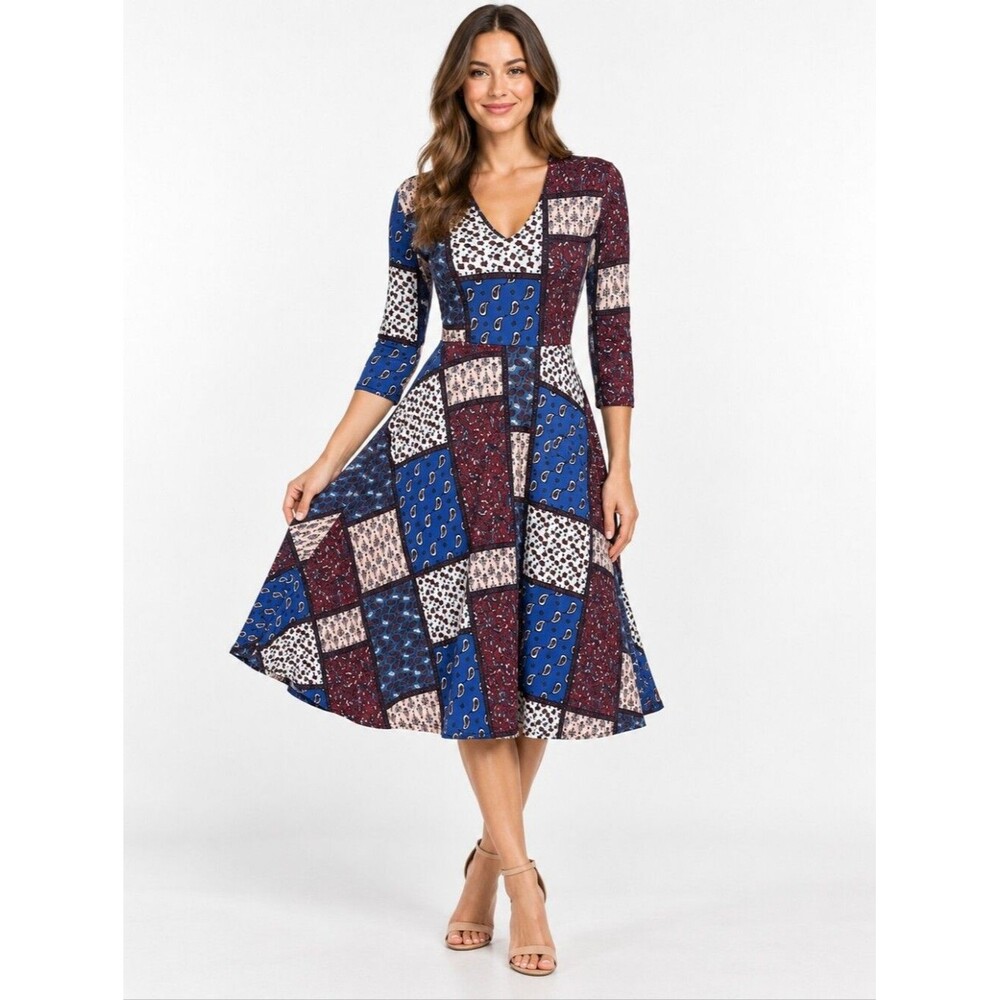 NWT Agnes & Dora V-neck floral patchwork 3/4 slleve the circle dress, XS, multi